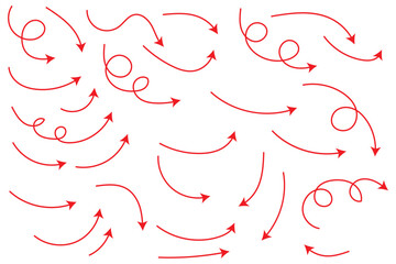 Poster - Arrows hand drawn doodle icons set. Curved cartoon arrows sketches collection. Flat and thin pointers illustrations. Scribble swirl arrow signs.