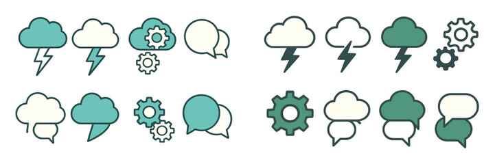 Poster - Weather symbols and icons showing lightning, clouds, gears, and speech bubbles in a vibrant color scheme
