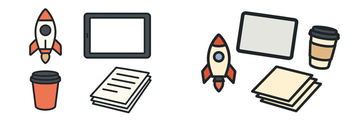 Poster - Rockets and tablets represent innovation in technology and education at a co-working space for creative professionals