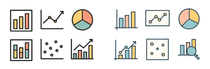 Poster - Collection of colored graphical elements for data visualization in reports and presentations showcasing trends and statistics