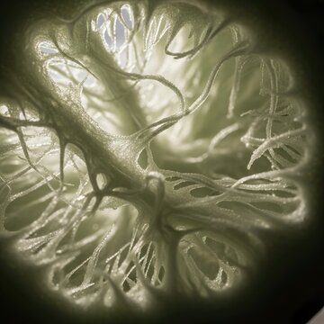 Abstract, organic-looking structure with interconnected, branching filaments and textures.