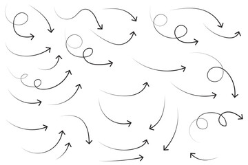 Poster - Arrows hand drawn doodle icons set. Curved cartoon arrows sketches collection. Flat and thin pointers illustrations. Scribble swirl arrow signs.