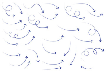 Poster - Arrows hand drawn doodle icons set. Curved cartoon arrows sketches collection. Flat and thin pointers illustrations. Scribble swirl arrow signs.