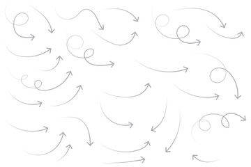 Poster - Arrows hand drawn doodle icons set. Curved cartoon arrows sketches collection. Flat and thin pointers illustrations. Scribble swirl arrow signs.