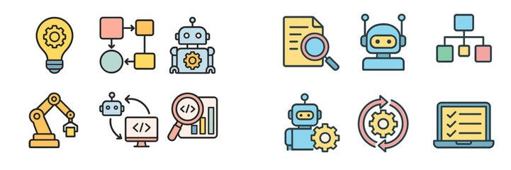 Poster - Visual representation of automation concepts featuring robots, coding, and workflow processes in a modern digital environment