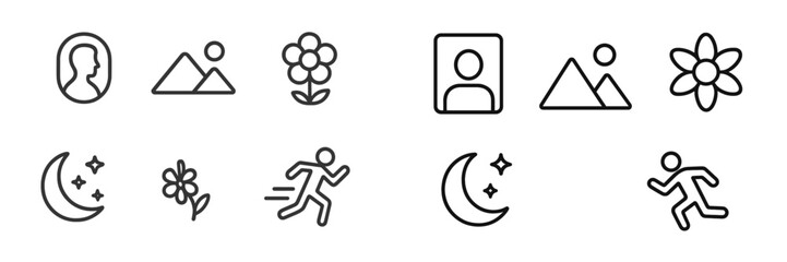Poster - Icons representing nature, people, and activities in a minimalist design suitable for various creative projects