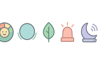Poster - Colorful icons representing happiness, nature, alertness, and technology set against a simple background