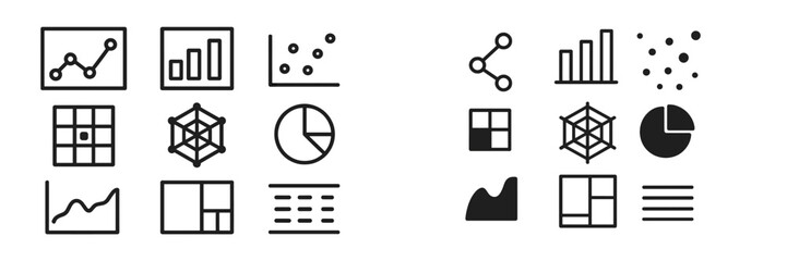 Poster - Various simple black and white graphs and charts demonstrating different data visualization techniques for analytical purposes