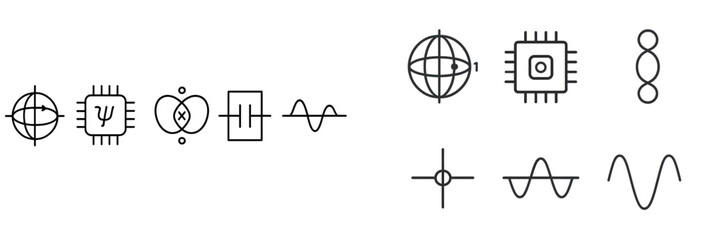 Poster - Graphic design featuring abstract symbols representing technology and science concepts in a minimalist style