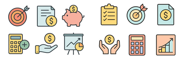 Poster - Illustrations of financial concepts highlighting savings, investments, and strategies for wealth management in a colorful design