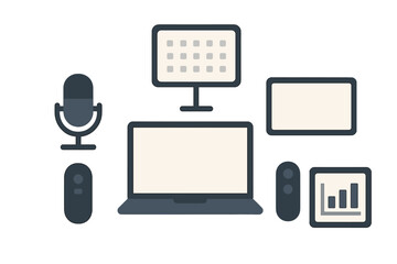 Poster - Technology setup featuring laptop, monitor, microphone, and remote controls in a modern workspace