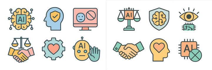 Poster - Exploring artificial intelligence concepts through colorful graphic icons depicting ethics, collaboration, and technology