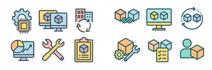 Poster - digital icons representing technology, data analysis, and project management in a modern workspace e