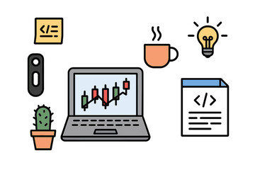 Poster - Traders work on stock analysis with a laptop, coffee, and notes in a cozy workspace
