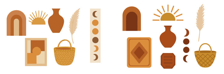 Poster - Decorative elements in warm tones featuring vases, baskets, and abstract shapes in a modern artistic style