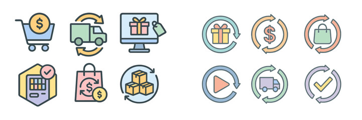 Aufkleber - Colorful icons representing e-commerce activities including shopping, delivery, and returns in a modern style