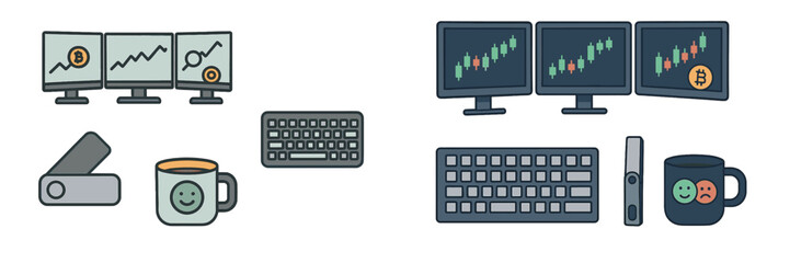 Poster - Digital workspace with trading monitors, keyboard, and a coffee mug on a desk for cryptocurrency analysis