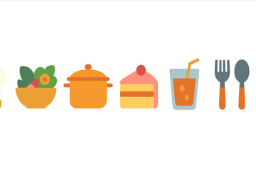 Poster - Colorful arrangement of food icons depicting a variety of dishes, drinks, and utensils for a culinary theme