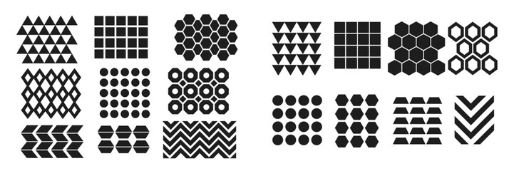 Poster - Various geometric patterns in black and white showcasing triangles, circles, and hexagons on a white background