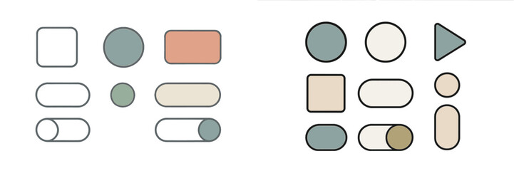 Poster - Abstract set of geometric shapes in muted colors arranged in two distinct groupings on a white background