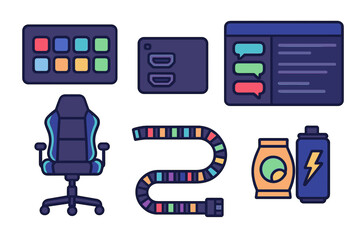 Poster - Digital workspace elements including chair, colorful cord, battery, and chat interface in modern design