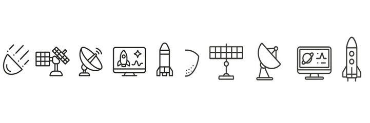 Poster - Rocket launches and satellite communications illustrated through simple line icons in a creative digital design