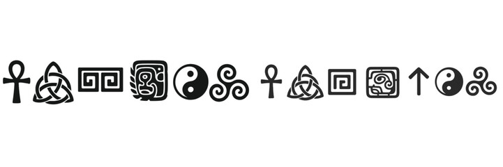 Poster - Intricate black symbols representing various philosophies and cultures displayed on a white background