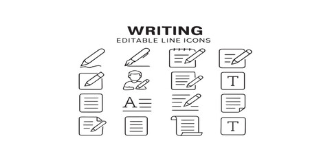 Poster - Print  Writing line editable icon set. Containing write, pen, note, pencil, edit, writer, document, text and more. Editable Stroke. Vector illustration.