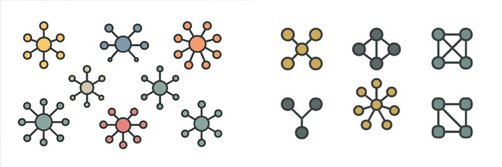 Poster - Network and connection illustrations showcasing different graph structures and node configurations in a modern design