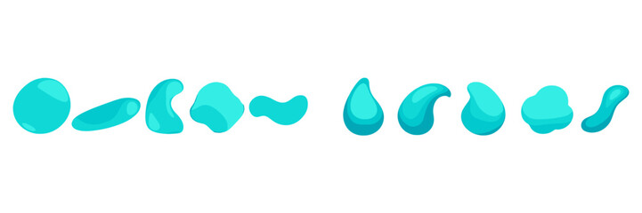 Poster - Various shapes of turquoise gel in a straight line illustrating fluid dynamics and texture