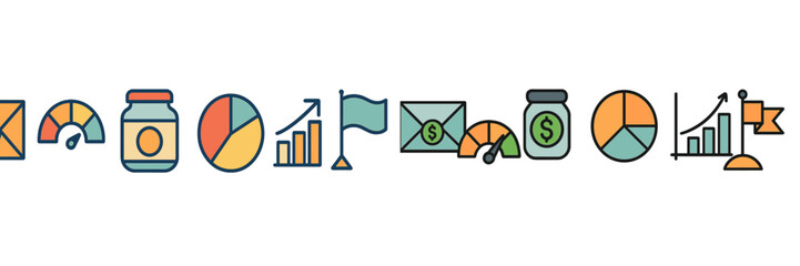 Poster - Colorful icons representing business analytics, financial growth, and market research trends displayed in a linear format