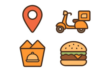 Poster - Food delivery icons representing a scooter, burger, takeout box, and location marker
