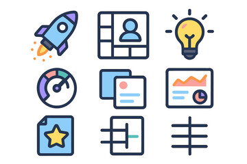 Poster - Icons representing creativity, innovation, and data analysis in a modern digital workspace environment