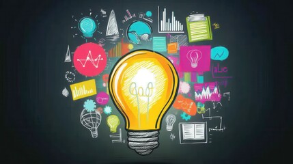 Fototapete - Creative illustration of light bulb with colorful business icons and graphs for innovation and brainstorming concept