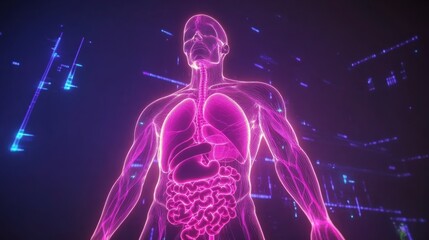 Poster - Futuristic Visualization of Human Body with Digital Graphics Displaying Organs in Neon Colors and High-Tech Background