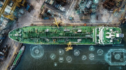 Poster - Aerial view of a green methanol tanker docked at a busy harbor, with cranes unloading biogenic feedstock and digital overlays representing renewable energy integration