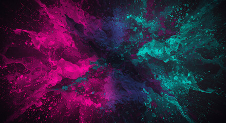 Poster - Abstract background featuring vibrant splashes of pink and teal paint on a dark backdrop
