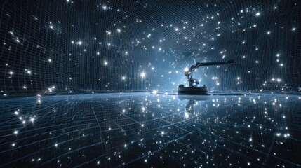 Poster - Reflecting on a telescope mirror, a robotic arm captures lights and equipment in a futuristic, grid like environment, embodying advanced technology and space exploration