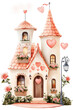 © SimpleLife Stock - Romantic fairy tale cottage illustration: A whimsical fairy tale cottage comes to life in a watercolor-style illustration, adorned with hearts, roses, and intricate architectural details.