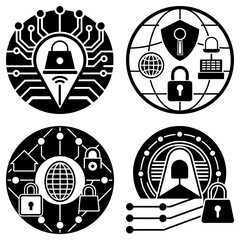 Fototapete - Four circular icons displaying cybersecurity and network protection concepts in a graphic design style
