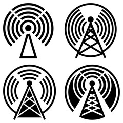 Poster - Four black and white communication tower icons with radiating signal waves in a circular design format