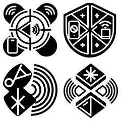 Poster - Illustration of four distinct wireless communication icons in a bold black and white design style