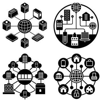 Illustration showing various network configurations and connected devices in black and white style