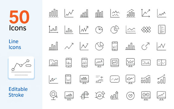 Fifty hand drawn line icons of financial charts and graphs data