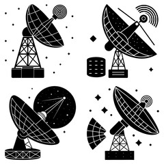 Poster - Illustration featuring four satellite dishes with towers and a data storage unit in black and white style