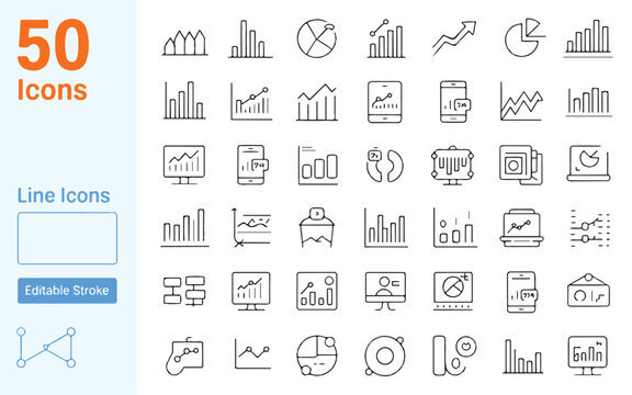 Fifty line icons of charts graphs and data visualization elements vector