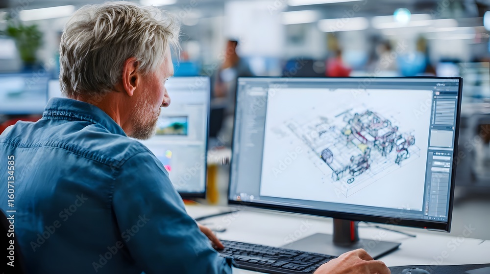Mechanical engineer working on a 3D CAD model on a computer in a high ...