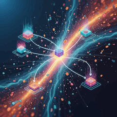 Poster - Abstract Artistic Decentralized System with Glowing Cubes and Connected Network