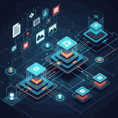 Poster - Isometric Digital Data Flow Abstract Illustration with Glowing Network Connections