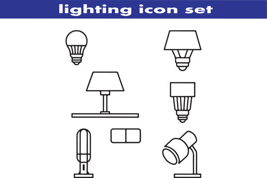 lighting outline icon set. ambient light, led strip, incandescent light, lamp, floor lamp.